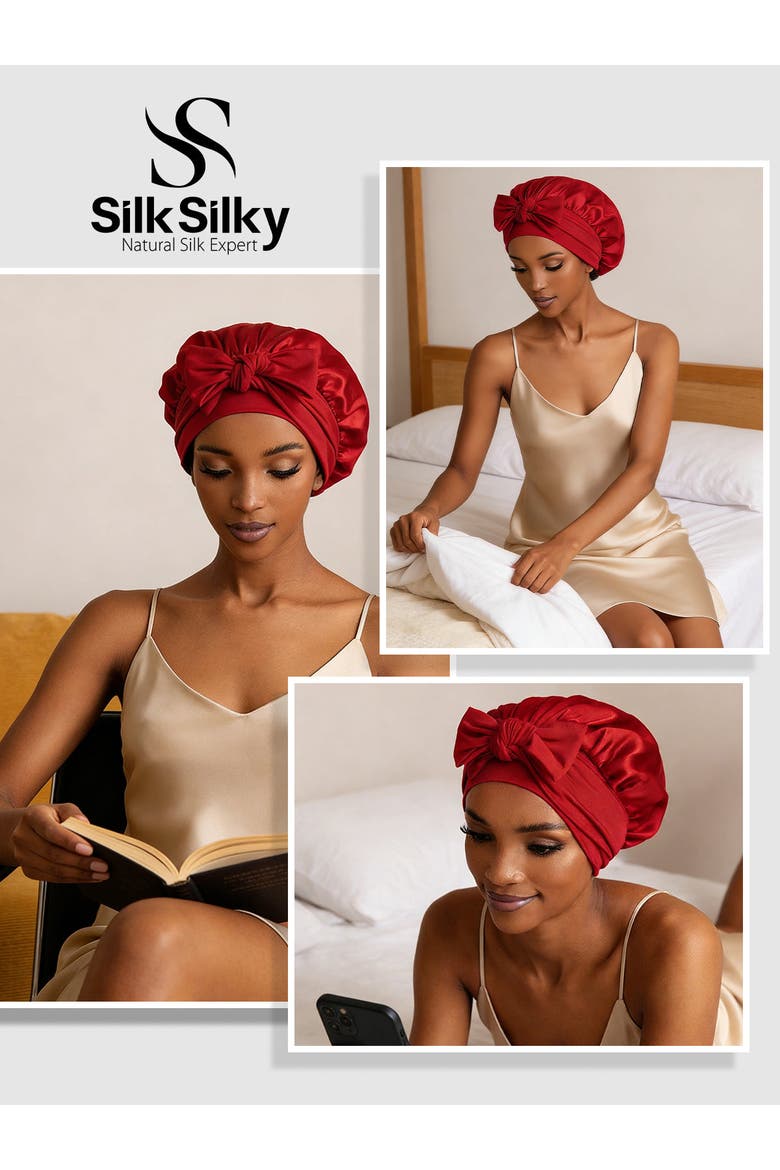 Pure Silk Bowknot Tie Bonnet, Alternate, color, Wine