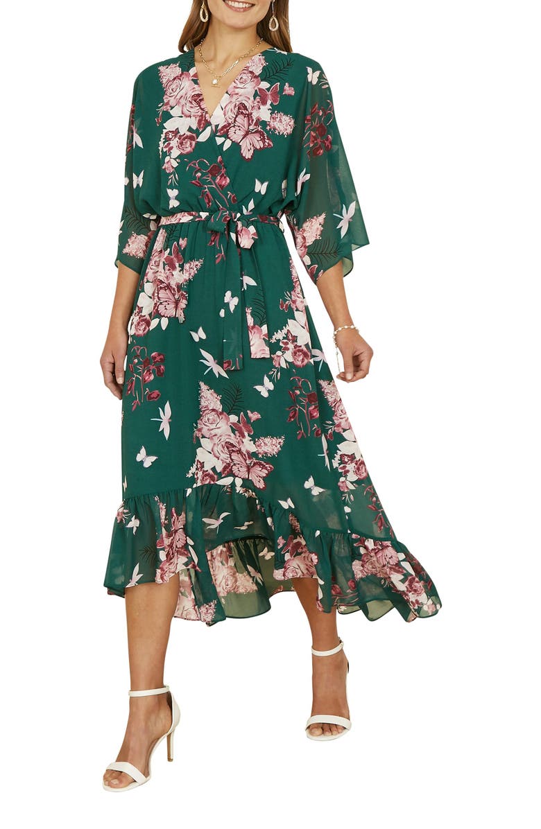 Yumi Floral Kimono Dipped Hem Dress, Alternate, color, Green