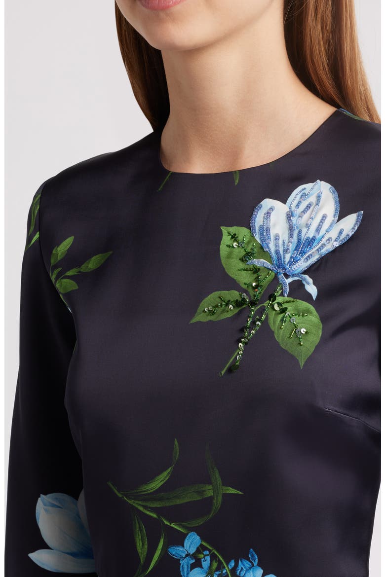 Alex Sequin Floral Long Sleeve Satin Crepe Gown, Alternate, color, NIGHT SKY BLUE OCULATA