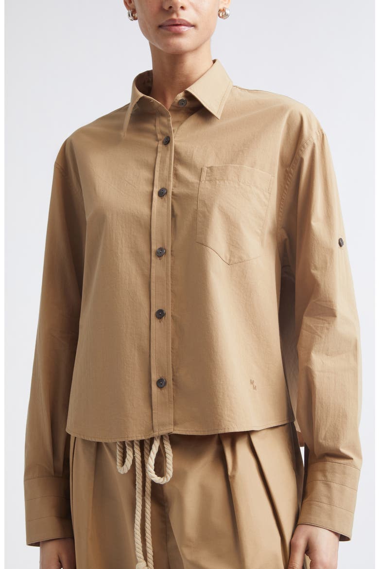 Roll Tab Sleeve Organic Cotton Crop Button-Up Shirt, Alternate, color, WALNUT