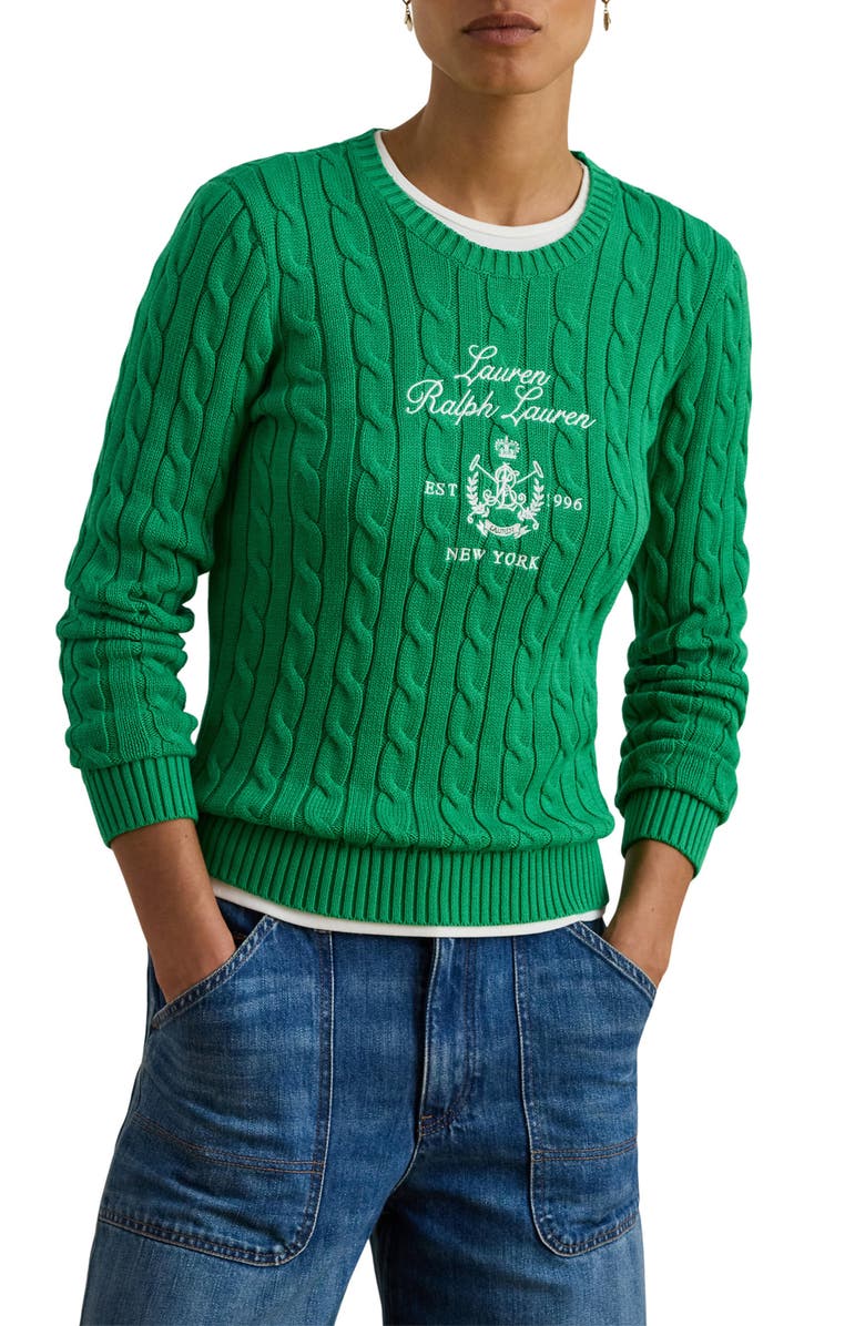 Lauren Ralph Lauren Embroidered Cable Knit Sweater, Main, color, Green