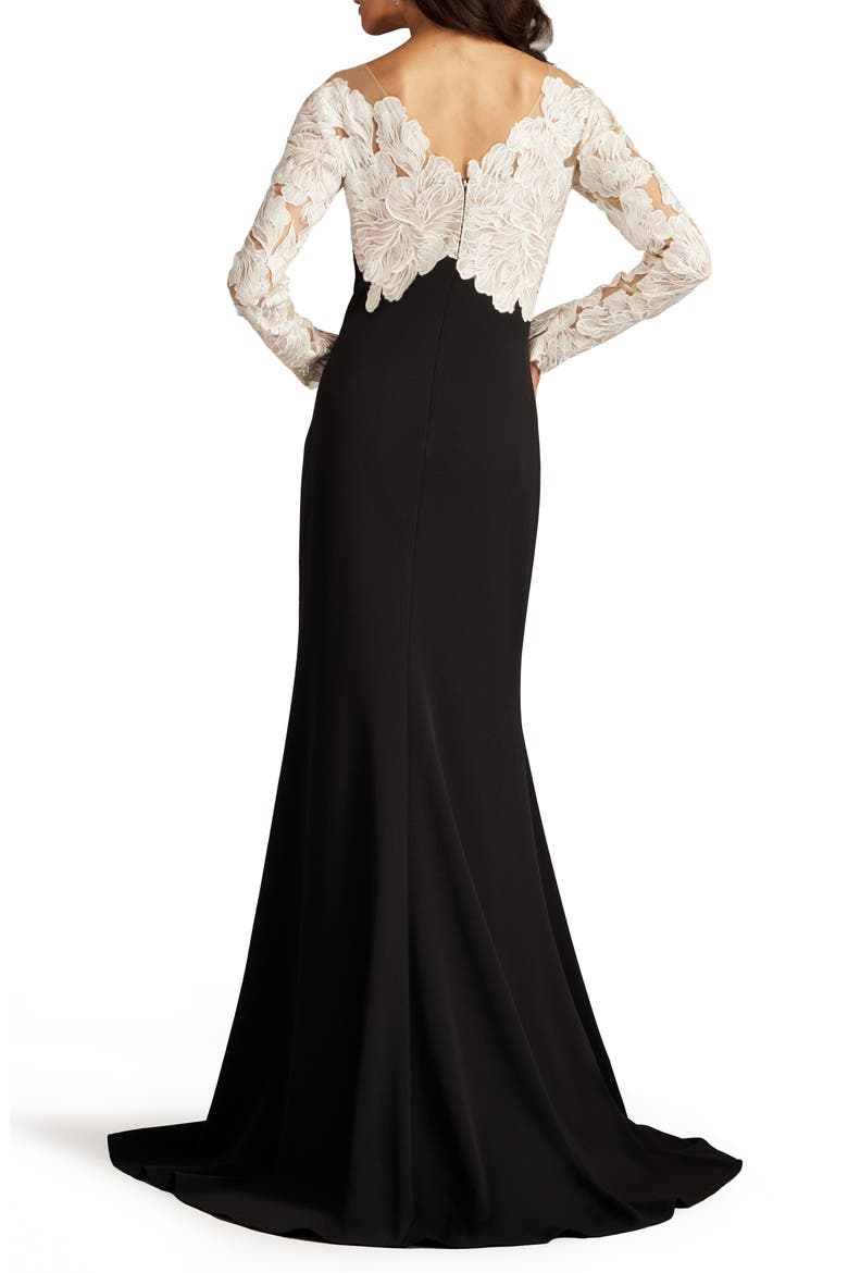 Floral Lace Bodice Mixed Media Long Sleeve Gown, Alternate, color, IVORY/ BLACK