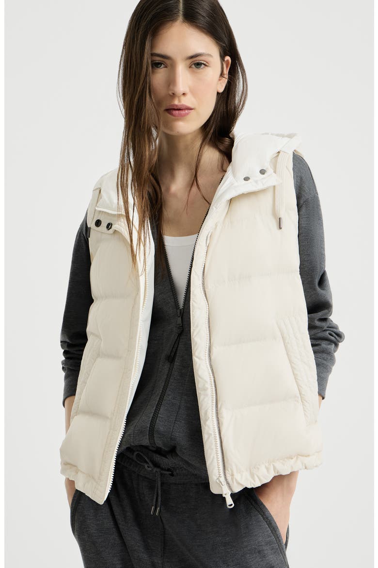 Lightweight matte nylon down vest with hood and shiny trim, Alternate, color, Milk