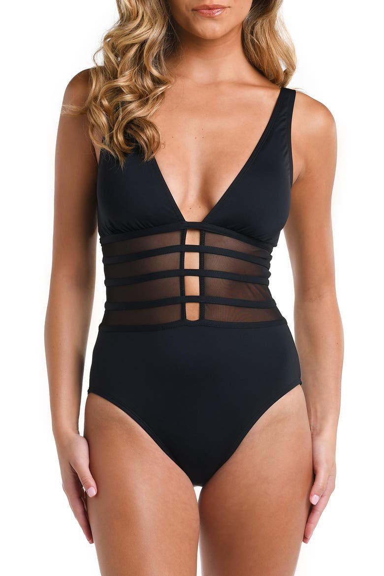 Strappy Mesh Inset One-Piece Swimsuit, Main, color, BLACK