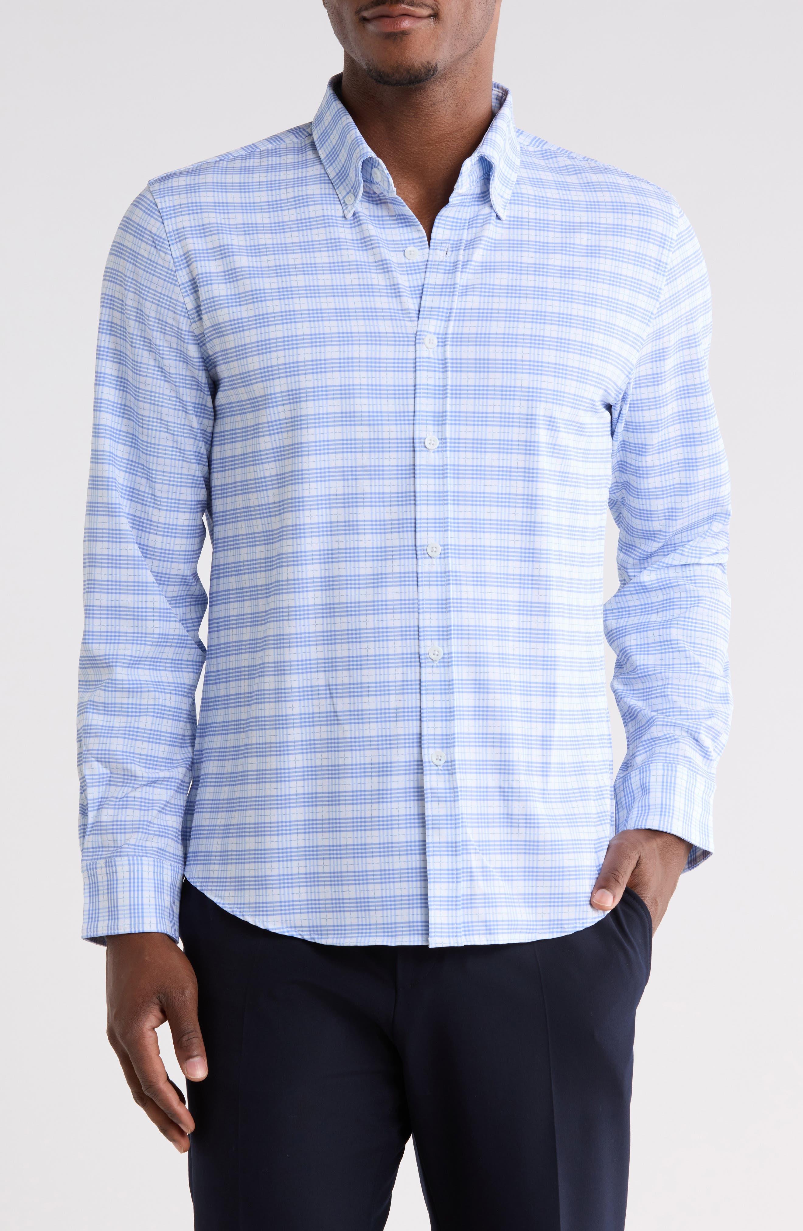 Gingham Tech Comfort Long Sleeve Button-Up Shirt