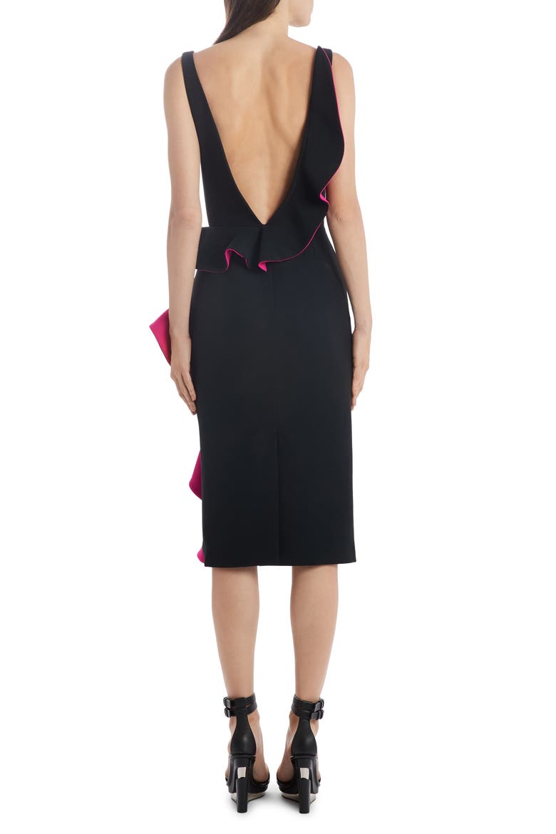 Alexander McQueen Contrast Ruffle Trim Sheath Dress, Alternate, color, BLACK/ ORCHID PINK