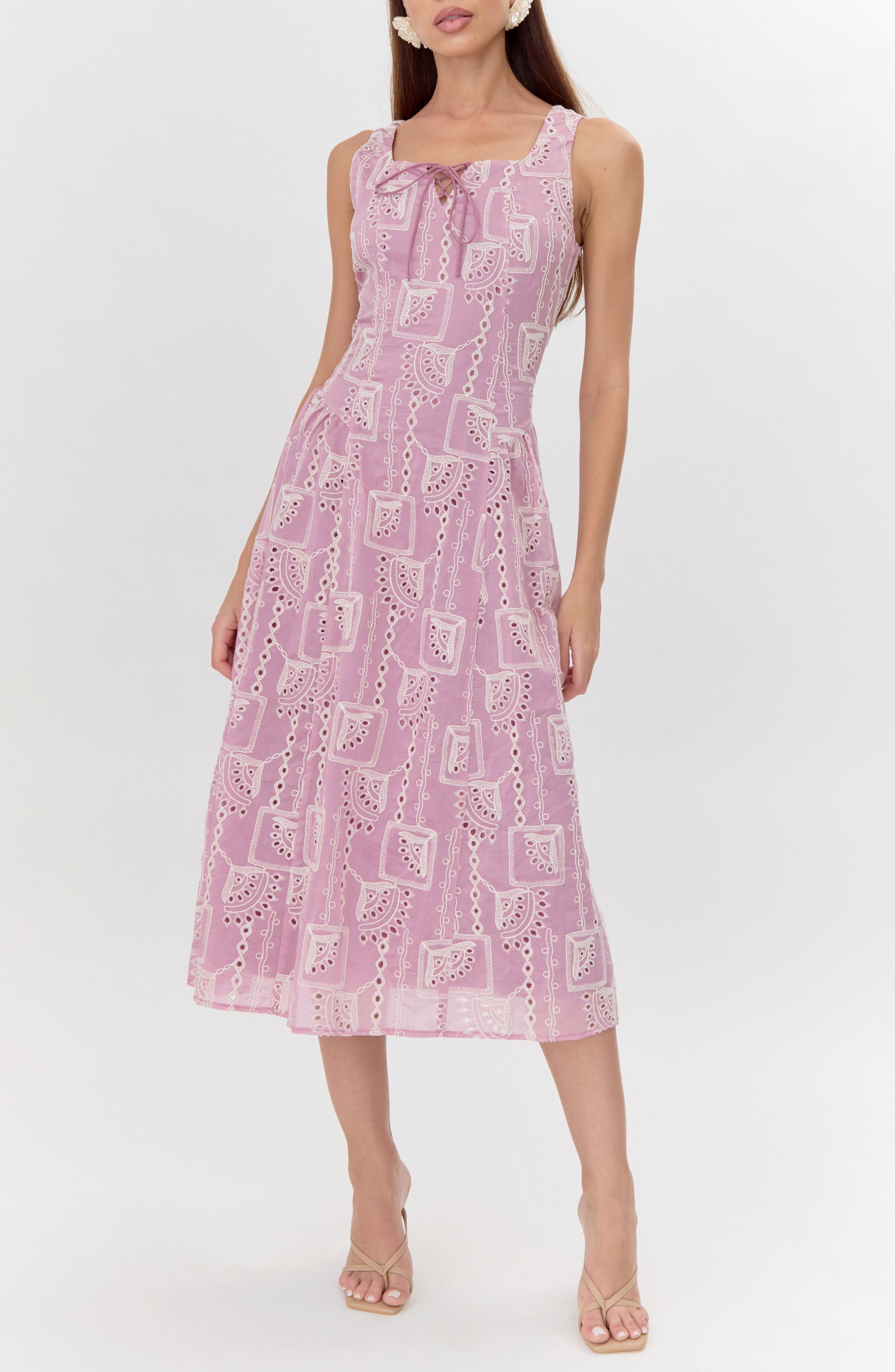 Embroidered Tie Front Midi Dress