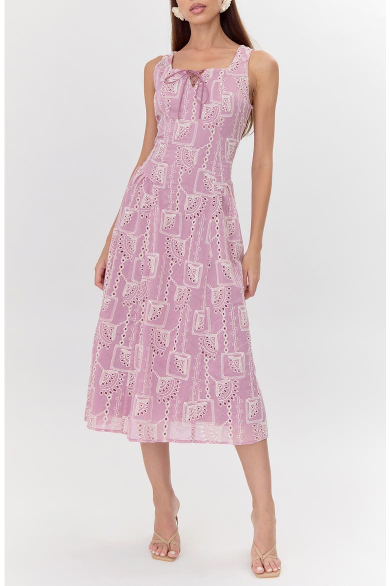 Embroidered Tie Front Midi Dress, Main, color, MAUVE PINK/ CREAM