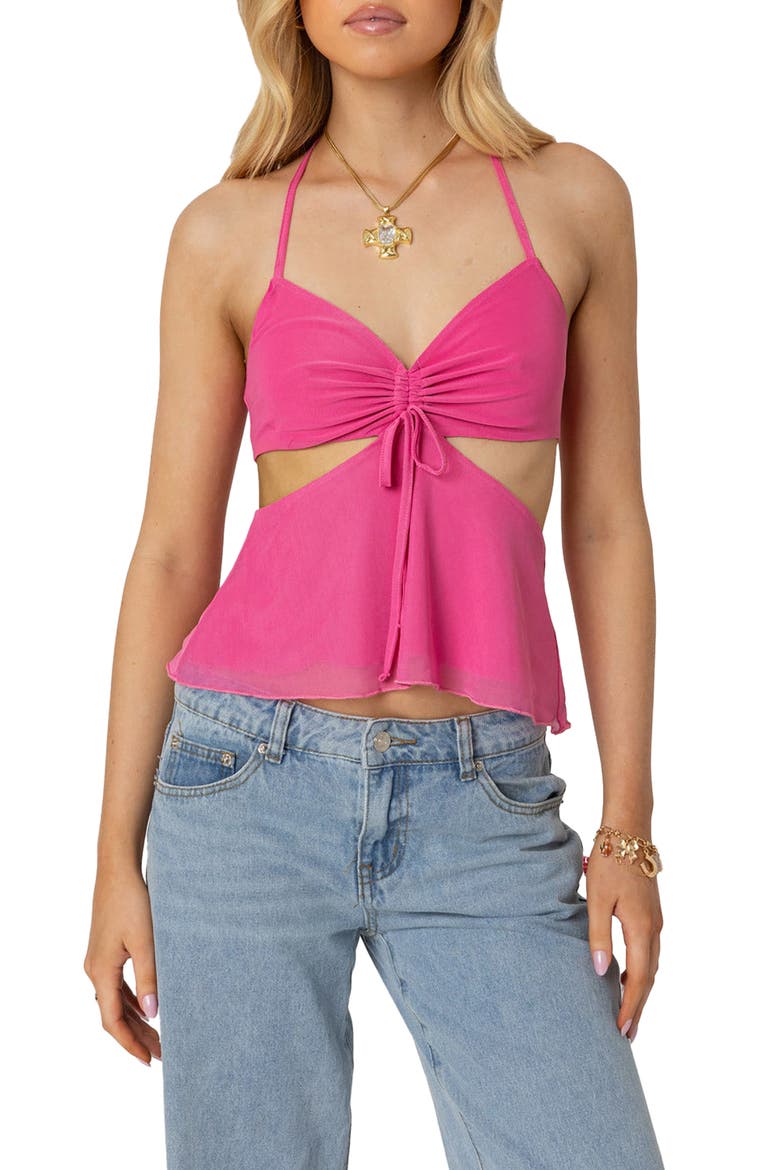 Cutout Mesh Halter Top, Main, color, PINK