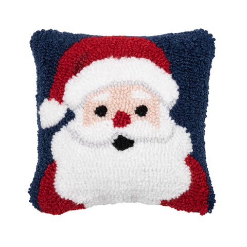 Christmas Santa Wishes Hooked Mini Blue Accent Pillow 8" x 8"