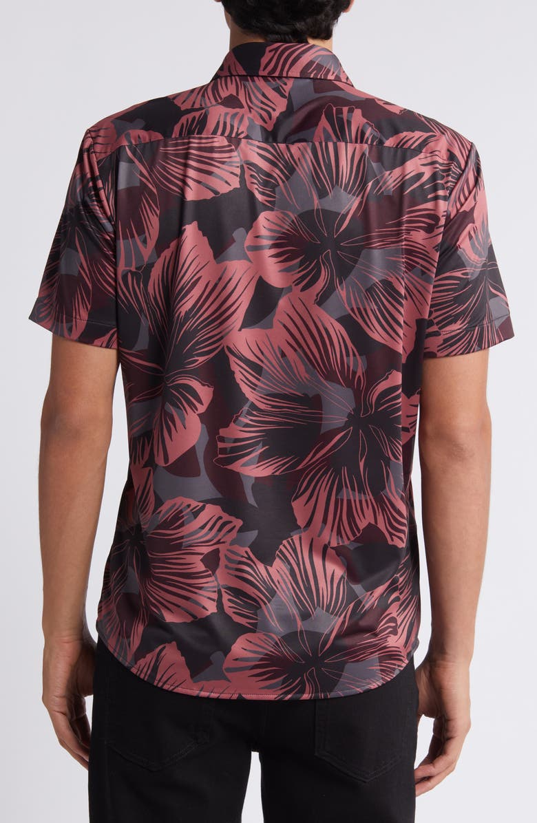 BOSS Roan Slim Fit Leaf Print Short Sleeve Stretch Button-Up Shirt, Alternate, color, Red