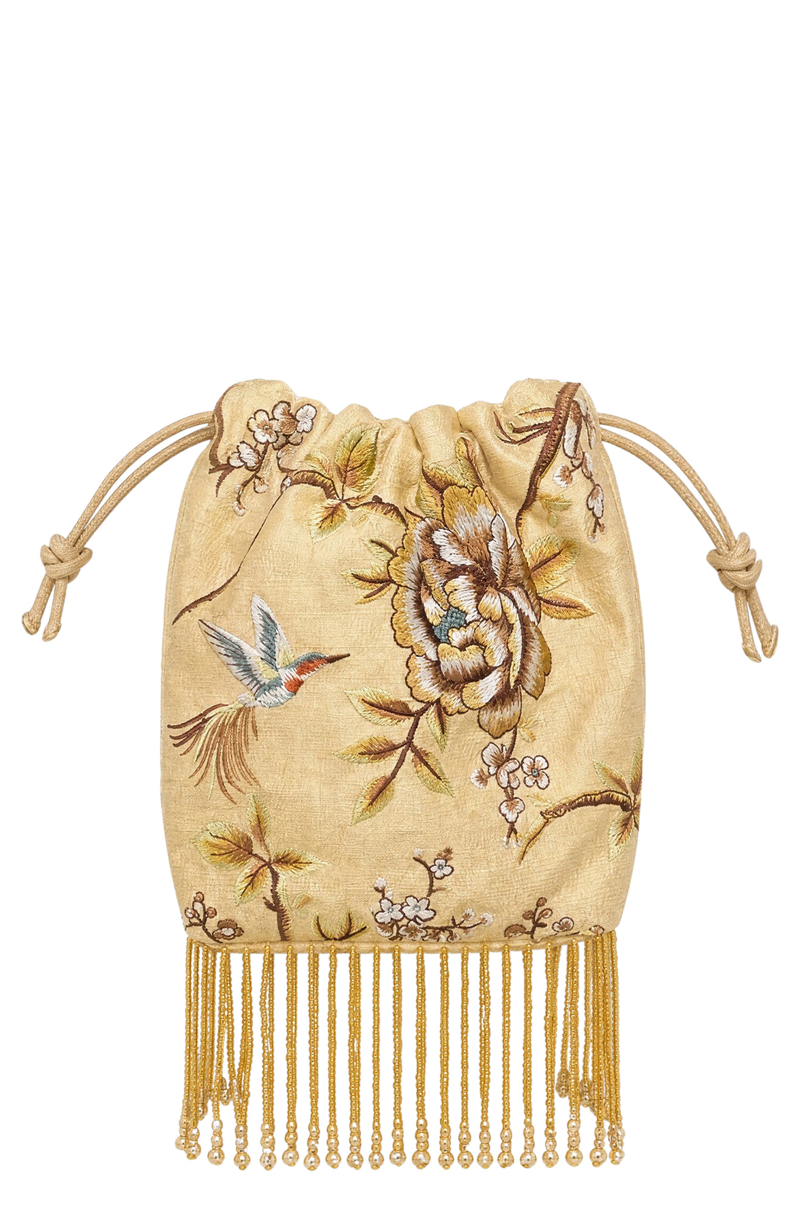 Solene Embroidered Pouch Wristlet, Main, color, HUMMINGBIRD EMBROIDERY