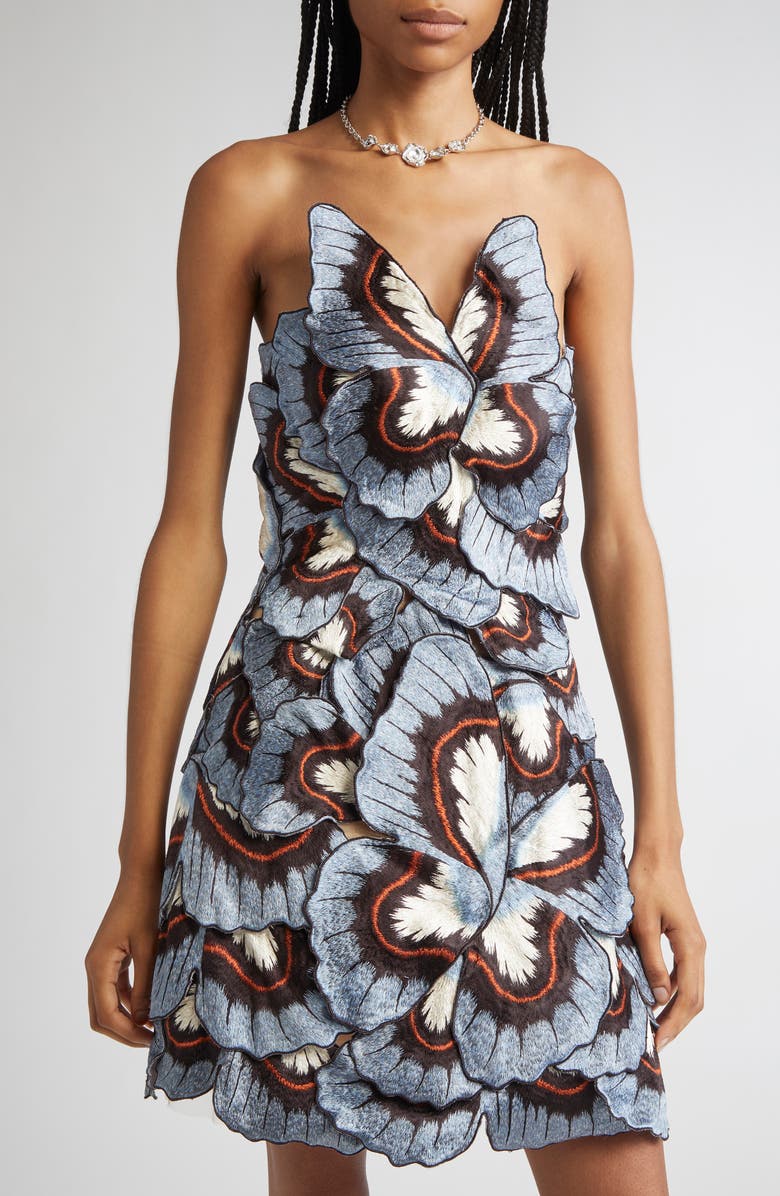 Oscar de la Renta 3D Butterfly Appliqué Strapless Dress, Alternate, color, Blue Multi