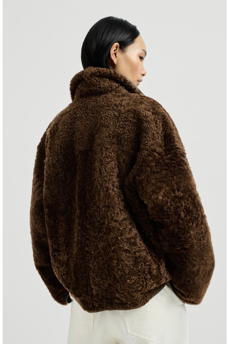 Fuzzy shearling reversible outerwear jacket with monili, Alternate, color, Brown