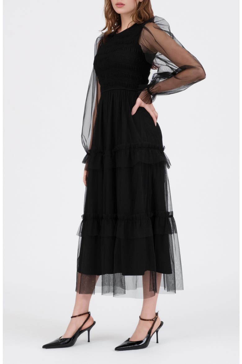 Long Sleeve Tulle Maxi Dress, Alternate, color, BLACK