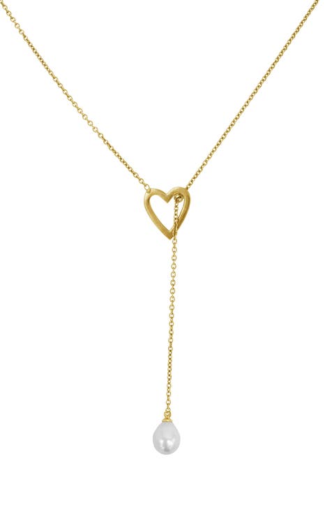 Water Resistant Heart & 5-5.5mm Pearl Lariat Necklace