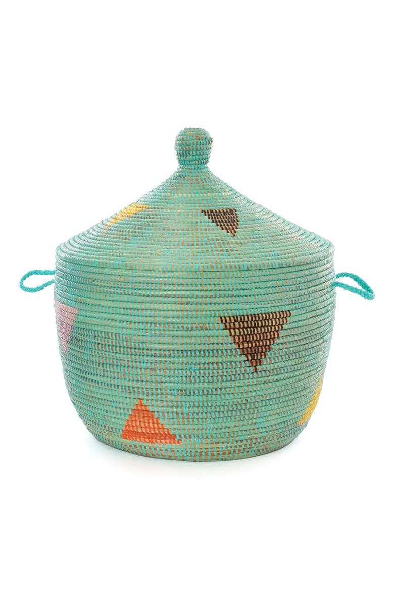 Aqua Teranga Triangles Lidded Storage Basket, Alternate, color, Aqua
