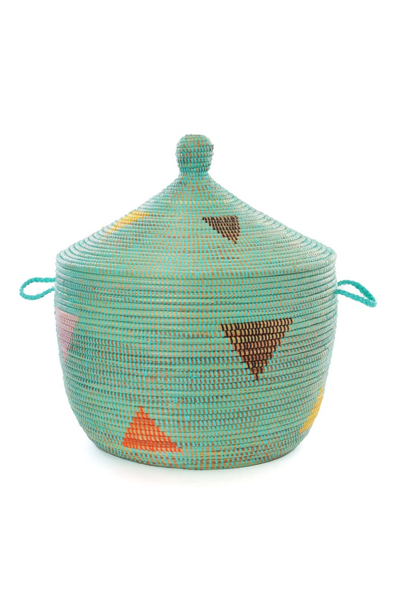 African Modern Aqua Teranga Triangles Lidded Storage Basket, Alternate, color, Aqua