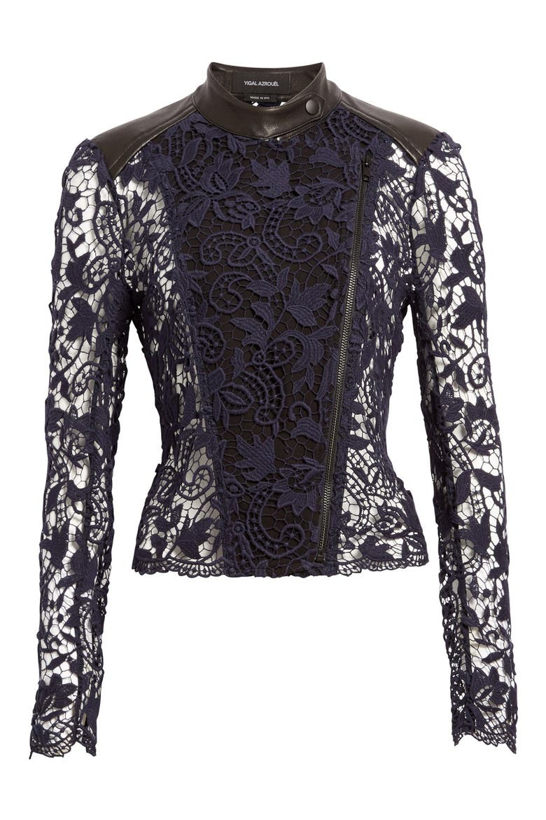 Guipure Lace & Lambskin Leather Moto Jacket, Alternate, color, MIDNIGHT MULTI