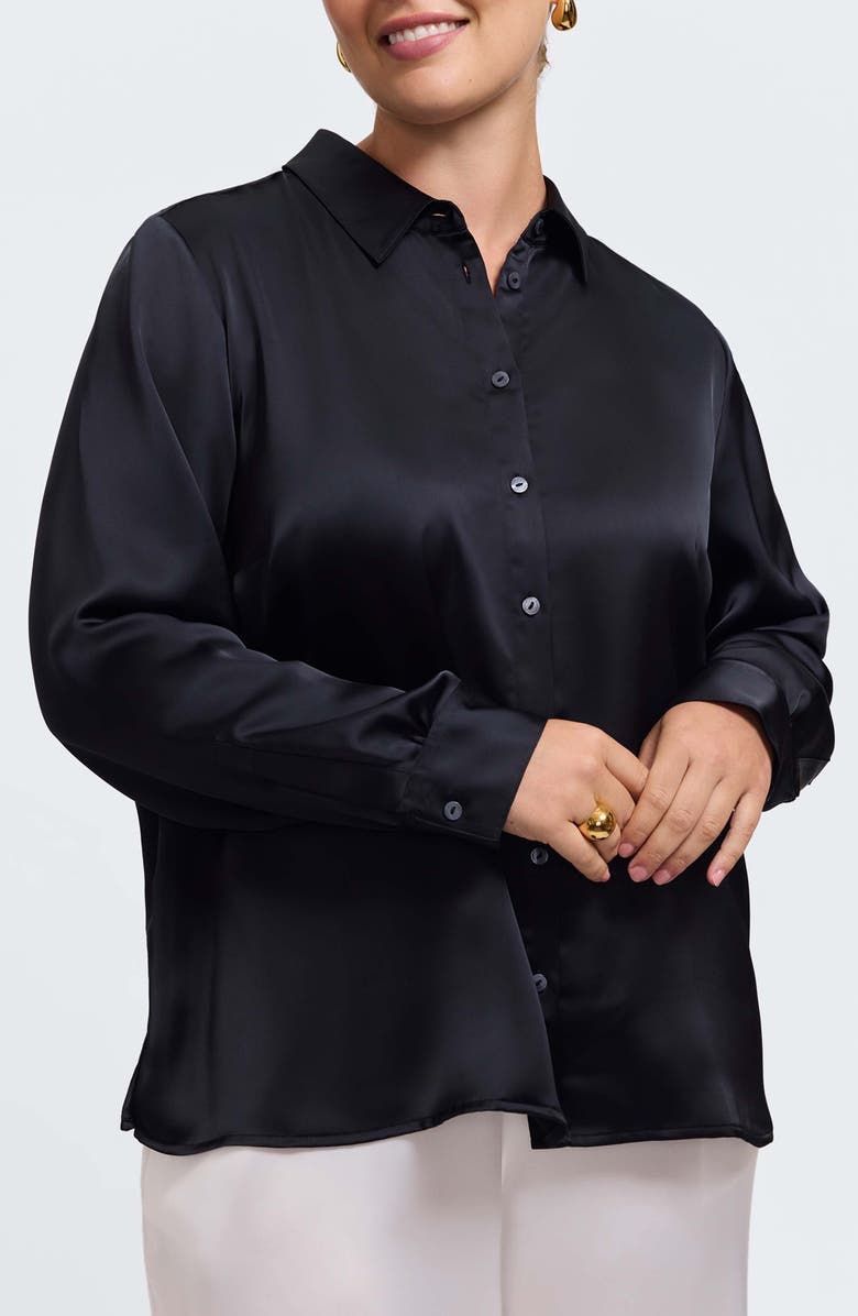 Foxcroft Bianca Satin Button-Up Shirt, Alternate, color, Black
