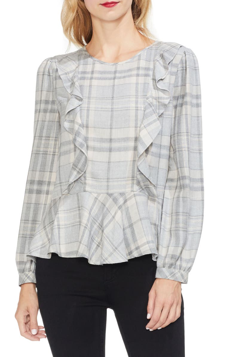 Vince Camuto Plaid Ruffle Top, Main, color, 