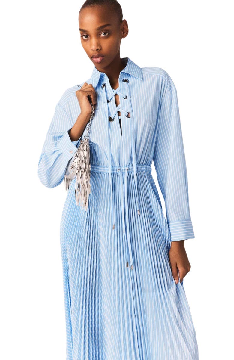 maje Long pleated dress with eyelets, Alternate, color, Blue Sky