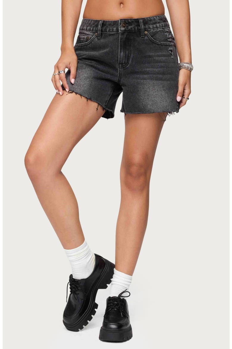 Scottie Raw Hem Low Rise Denim Shorts, Main, color, BLACK
