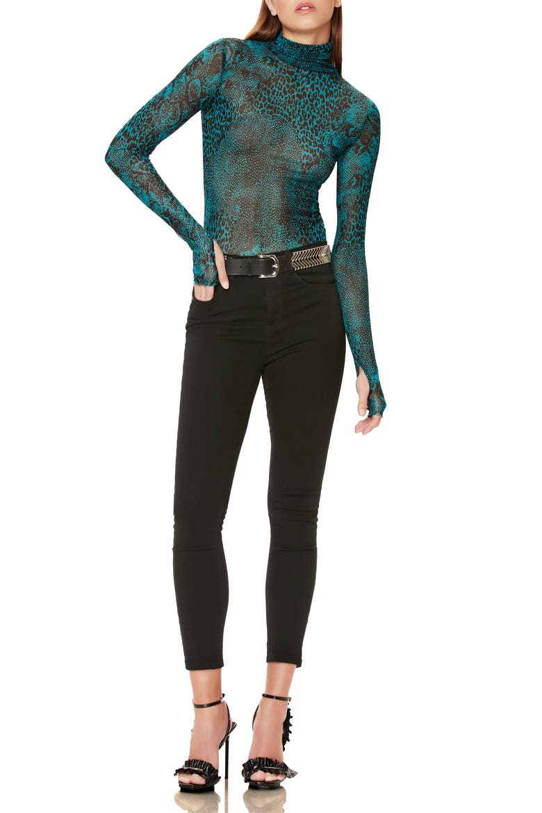 Zadie Semi Sheer Turtleneck, Alternate, color, TEAL ANIMAL
