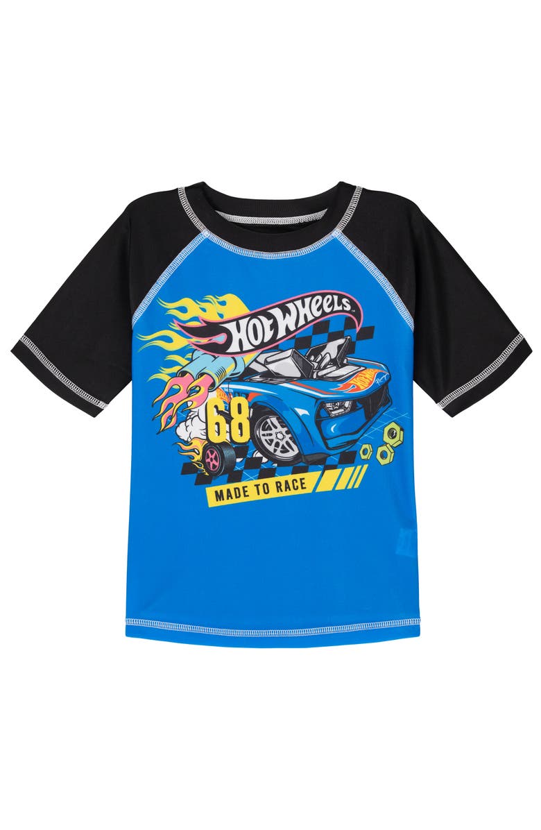 Hot Wheels 2-Piece Swimwear Rash Guard and Swim Trunks Set, Alternate, color, Blue Black Checker