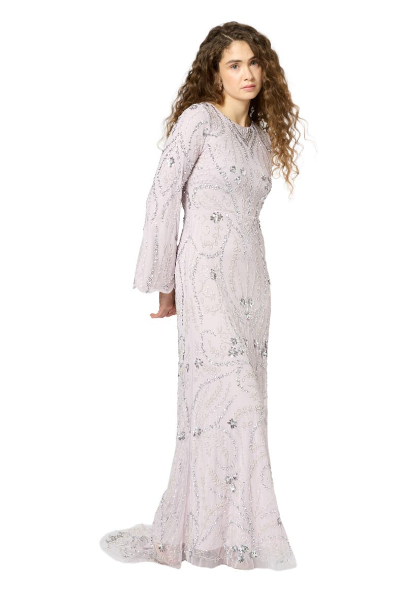 Occasion Modest Embellished Sequin Beaded Floral Evening Dress, Alternate, color, LILAC