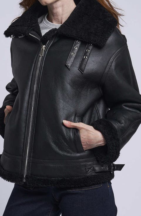Leather Bomber Jacket with Genuine Shearling Trim