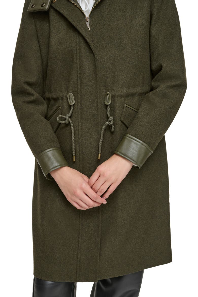 Feather Leather Trim Wool Blend Coat, Alternate, color, ARTICHOKE