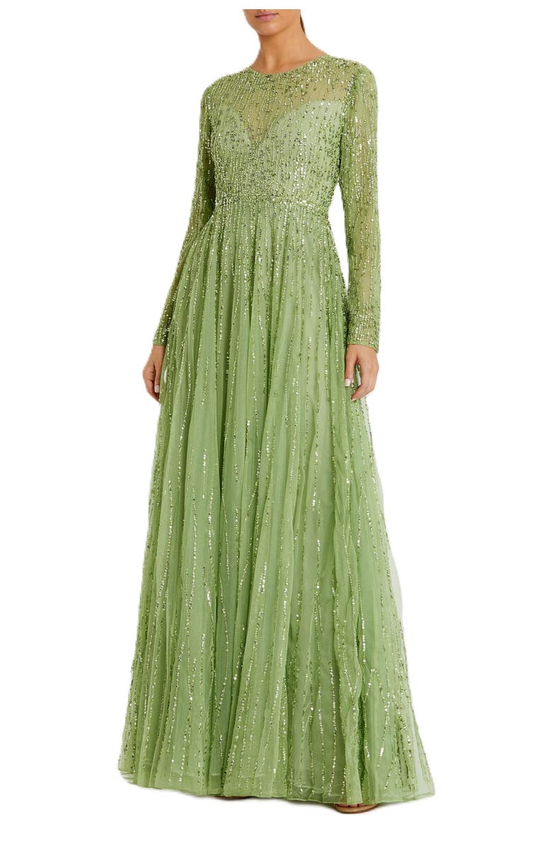 Mac Duggal Sequined Illusion High Neck Long Sleeve Gown, Main, color, Sage