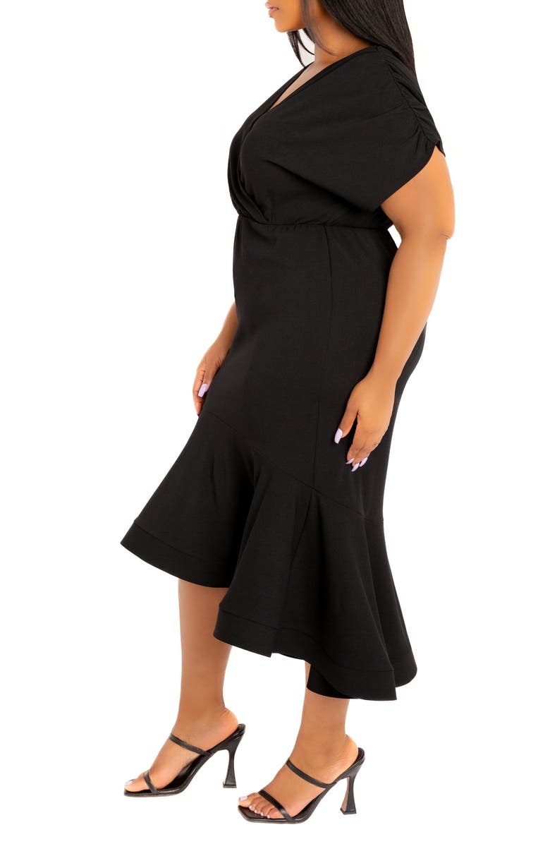 BUXOM COUTURE Wrap Front Flounce Hem High-Low Mermaid Midi Dress, Alternate, color, Black