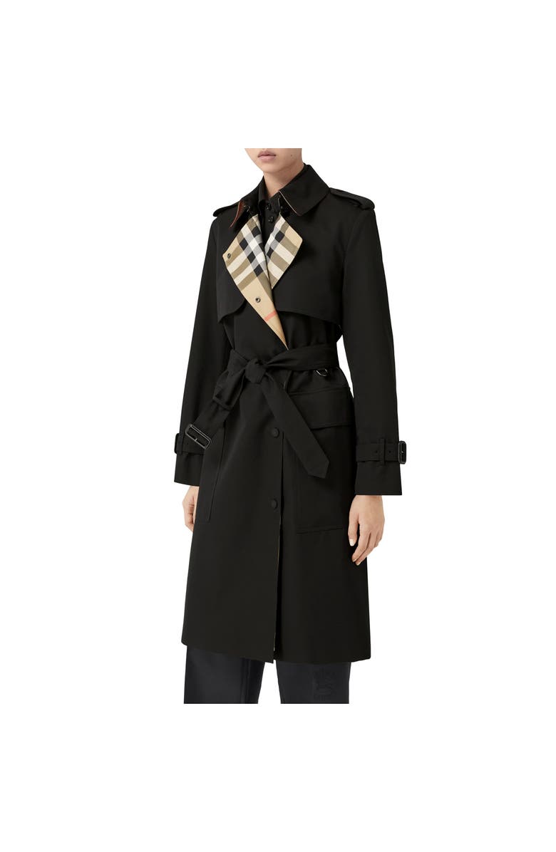 Burberry Long Check Lapel Gabardine Trench Coat, Alternate, color, Black