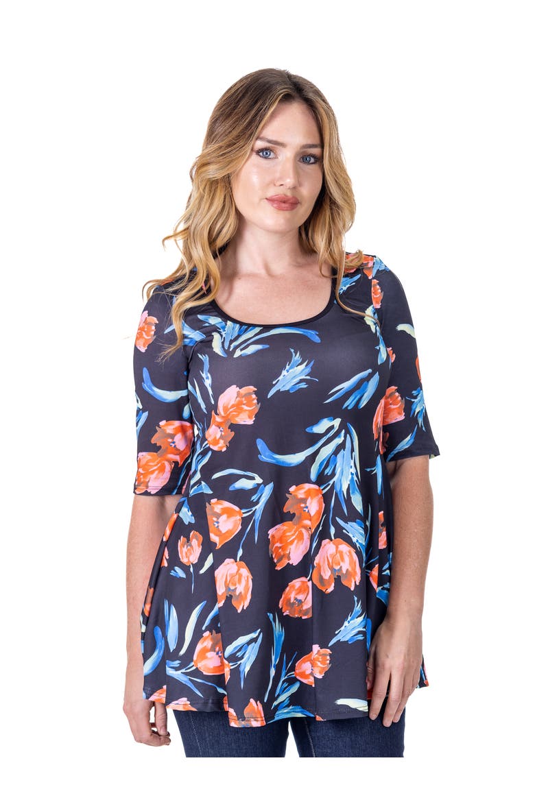 Tulip Print Elbow Sleeve Casual Tunic Top, Alternate, color, Navy Multi