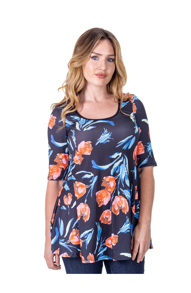 24seven Comfort Apparel Tulip Print Elbow Sleeve Casual Tunic Top, Alternate, color, Navy Multi