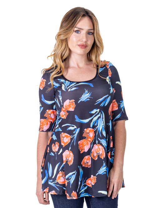 24seven Comfort Apparel Tulip Print Elbow Sleeve Casual Tunic Top In Multi