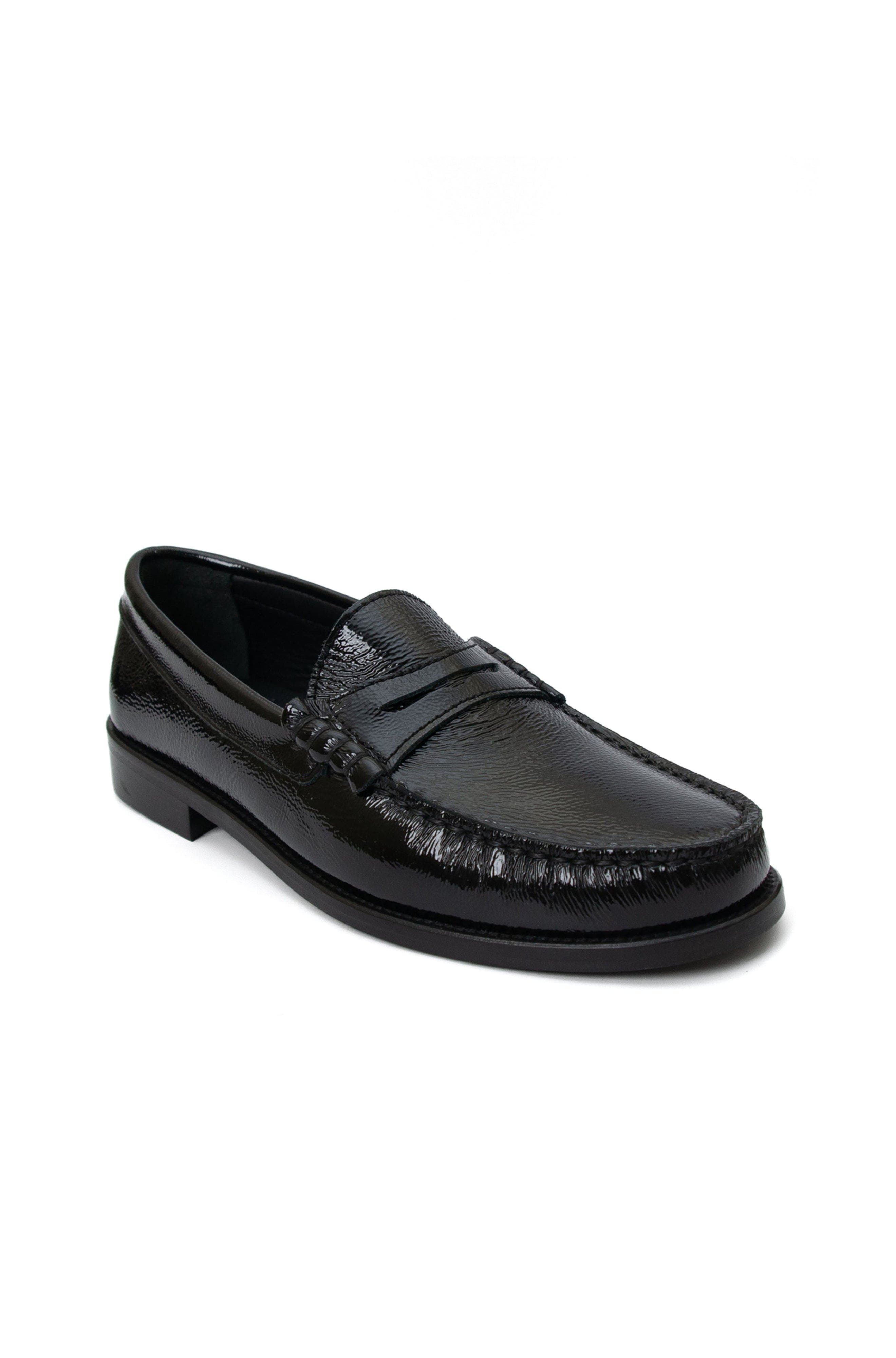 Mila Leather Penny Loafer, Main, color, Black Crinkled
