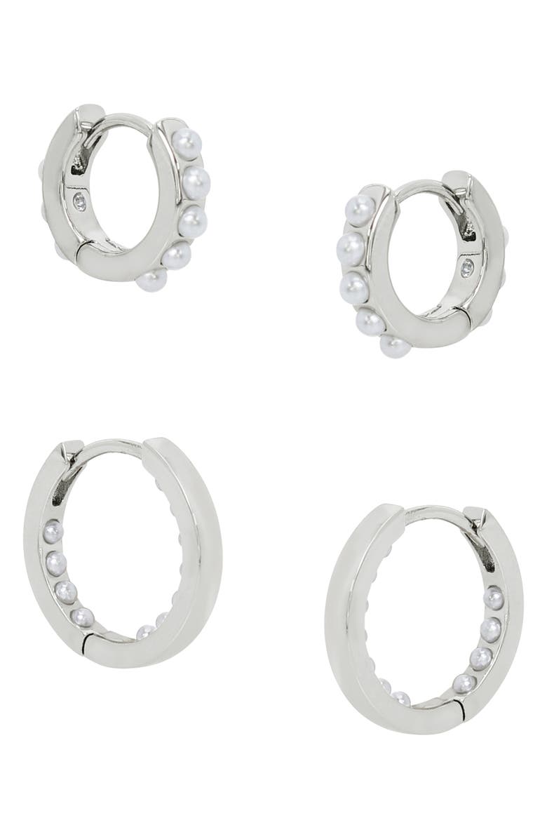 AllSaints Set of 2 Faux Pearl Huggie Hoop Earrings, Alternate, color,