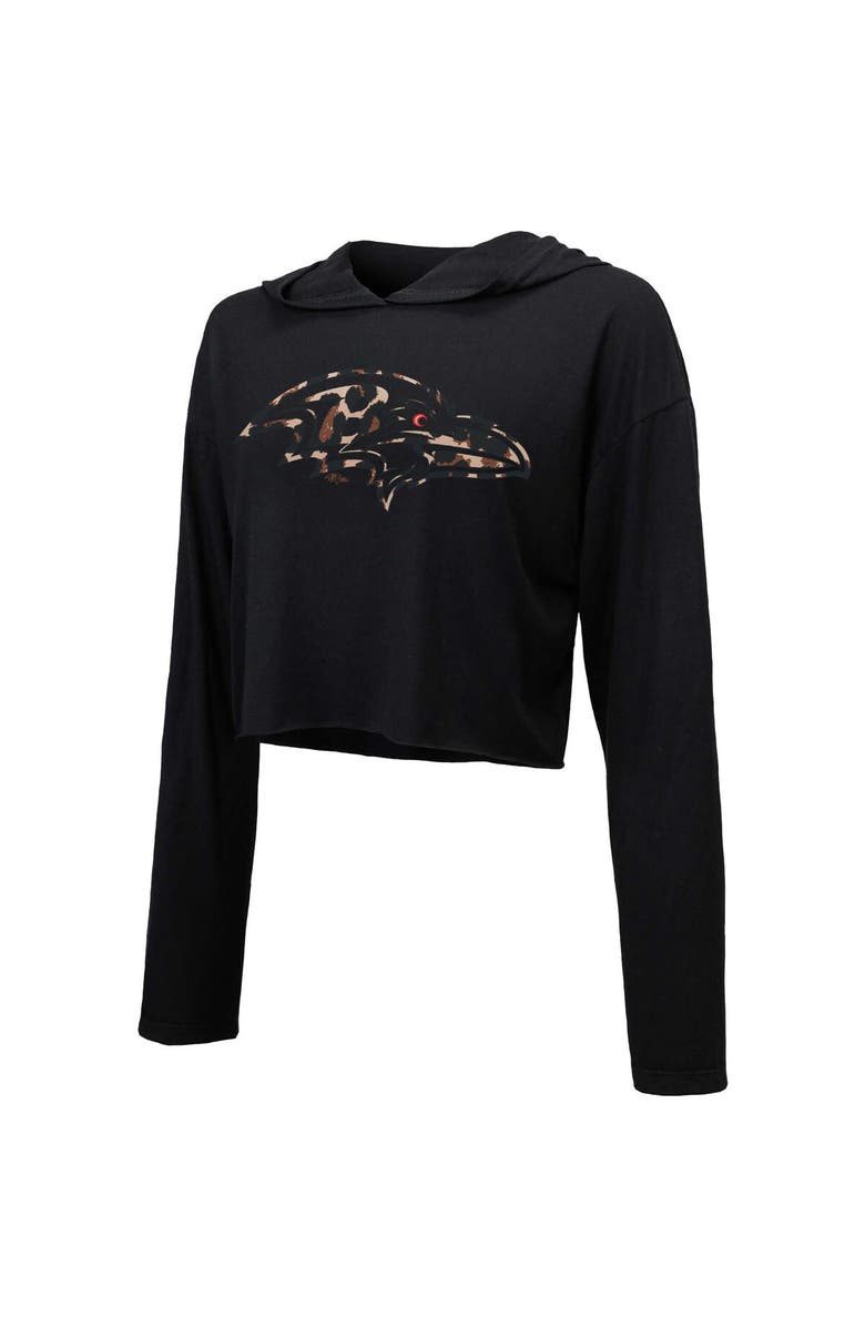 Majestic Threads Women's Majestic Threads Black Baltimore Ravens Leopard Cropped Pullover Hoodie, Alternate, color,