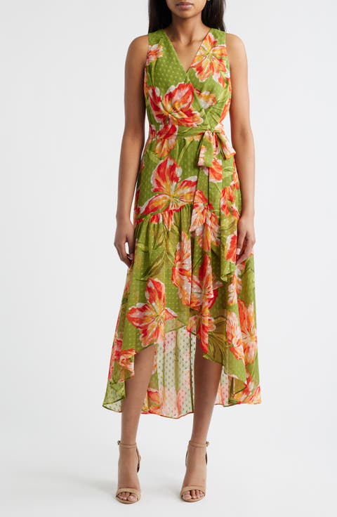 Floral Clip Dot High-Low Faux Wrap Dress