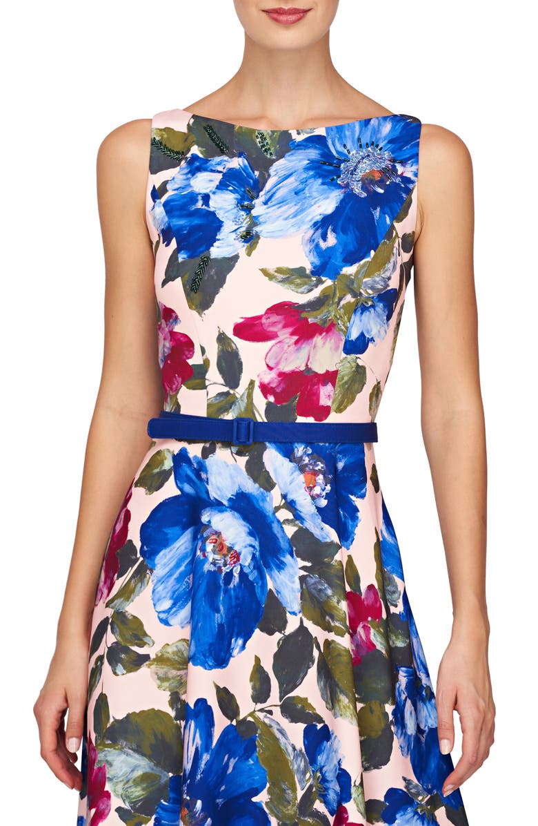 Kay Unger Goldie Floral Belted Midi Dress, Alternate, color, Spring Blue