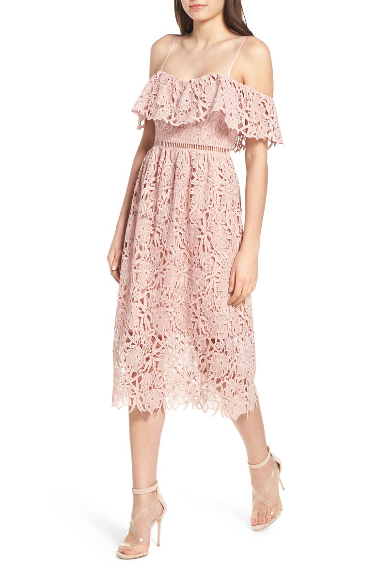 Lace Off the Shoulder Midi Dress, Main, color, BLUSH