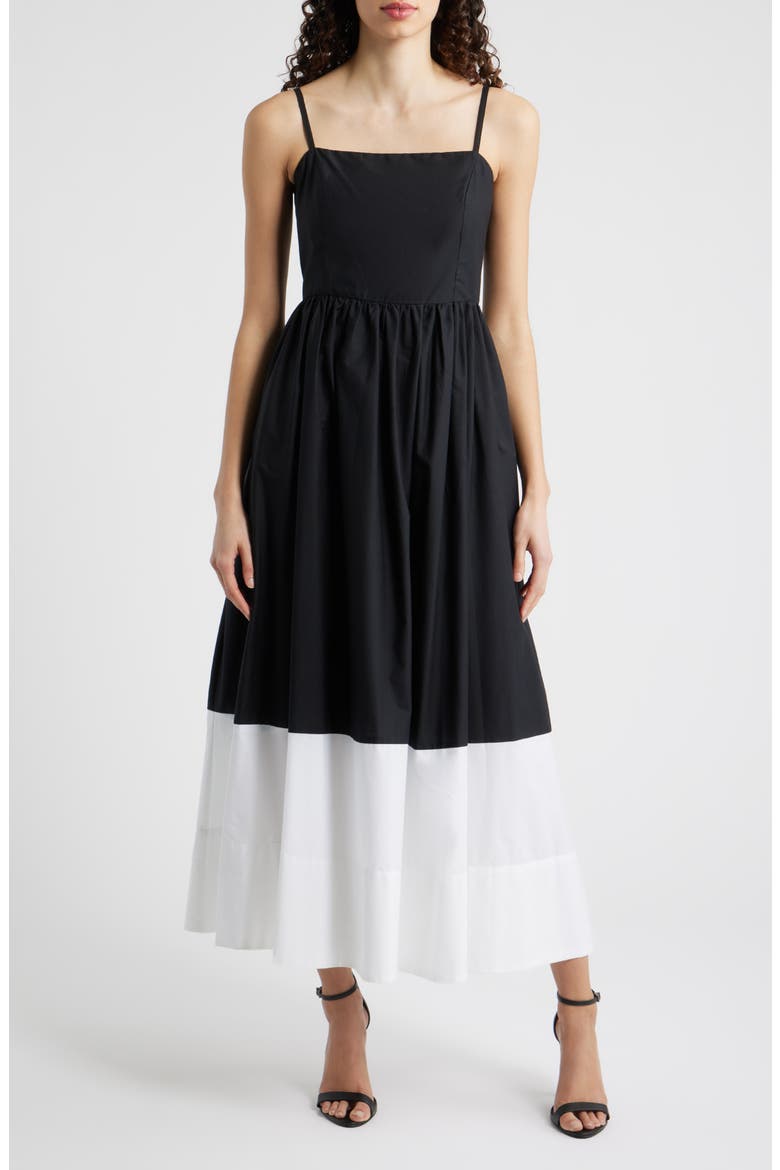 Colorblock Fit & Flare Midi Dress, Main, color, RICH BLACK