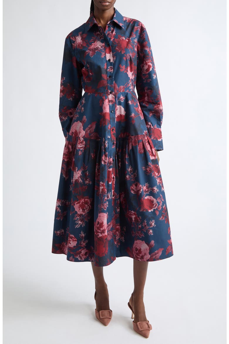 Floral Long Sleeve Organic Cotton Poplin Midi Shirtdress, Main, color, MARGOT ROSE NAVY