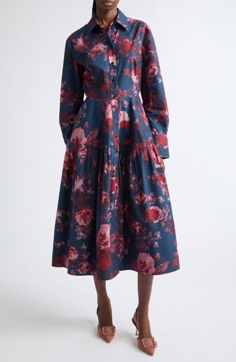 Floral Long Sleeve Organic Cotton Poplin Midi Shirtdress