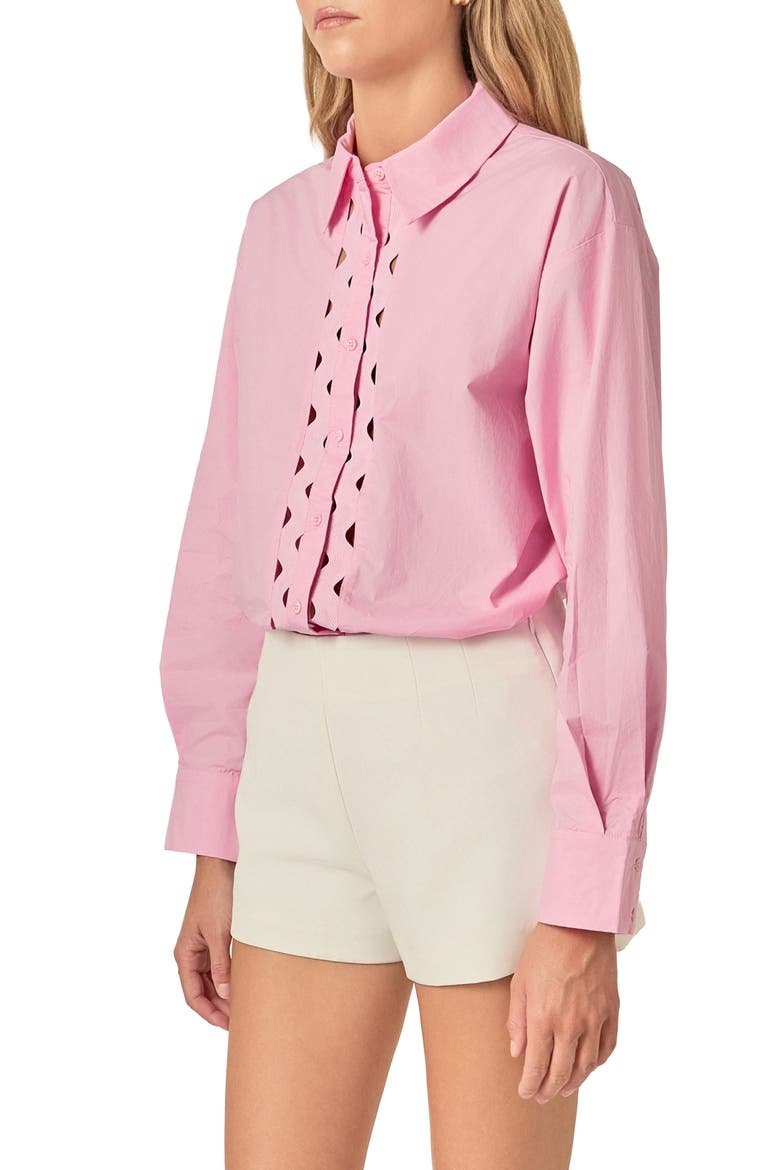 Oversize Rickrack Trim Long Sleeve Button-Up Shirt, Alternate, color, PINK