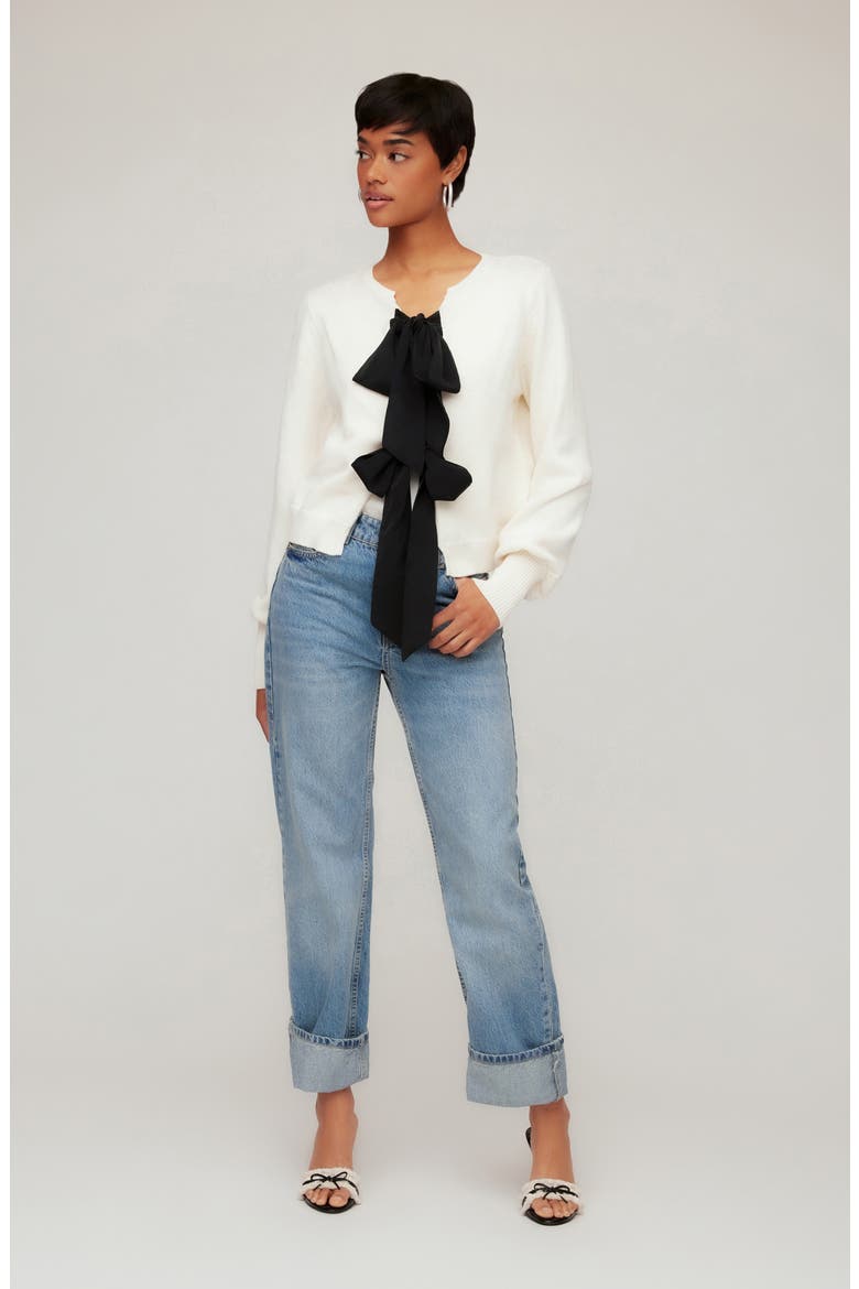 Dena Ribbon Tie Cardigan, Alternate, color, CREAM/ BLACK