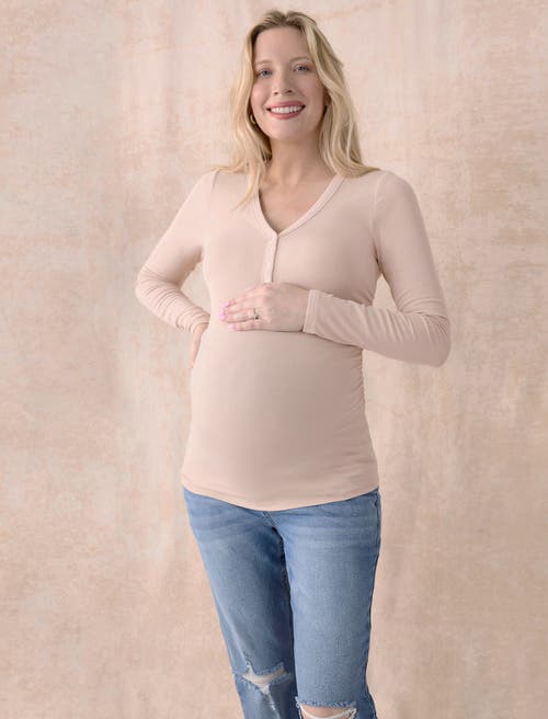 Motherhood Maternity V-neck Side-ruched Long Sleeve Henley Tee In Neutral